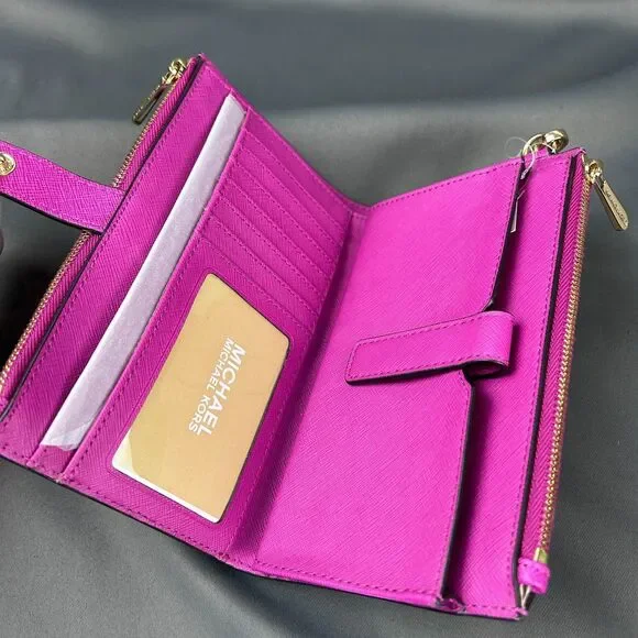 Michael Kors Pink Fuschia Leather Jet Set Travel Double Zip Wristlet Wallet - Picture 12 of 16